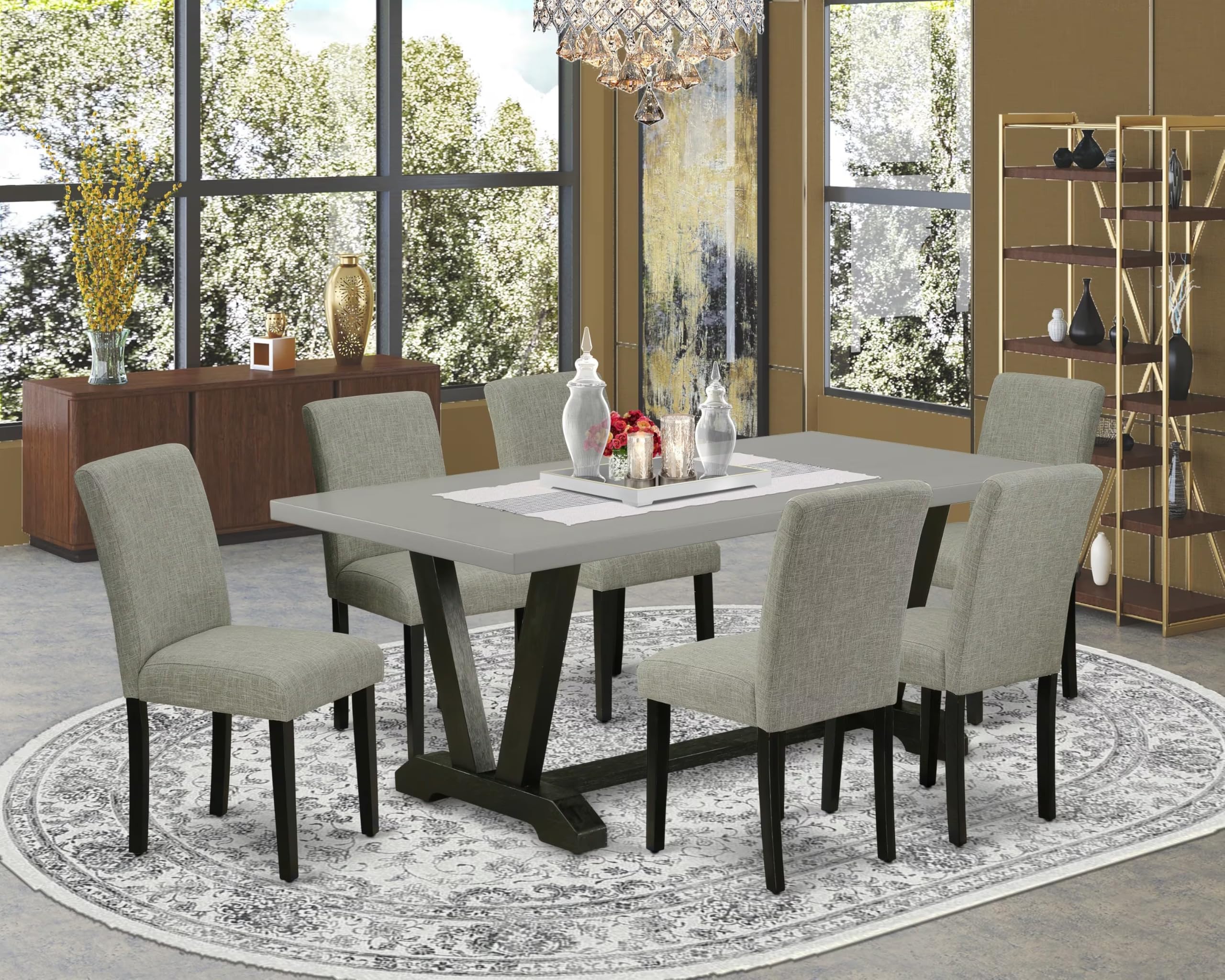 East West Furniture V697Ab106-7 7 Piece Dinette Set Consist Of A Rectangle Dining Room Table With V-Legs And 6 Shitake Linen Fabric Parsons Dining Chairs, 40X72 Inch, Multi-Color
